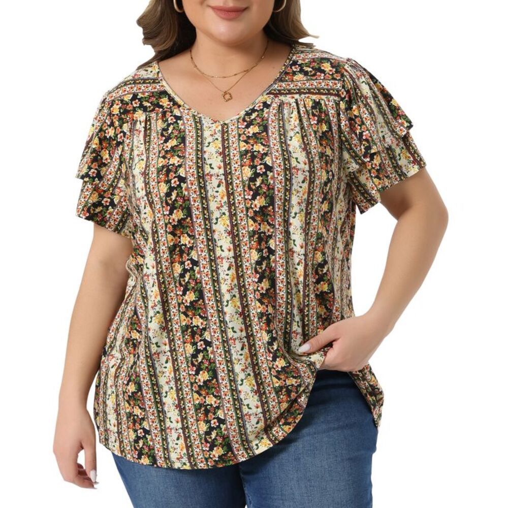 Women Plus Size Floral V Neck Double Ruffle Sleeve Blouses Black Yellow